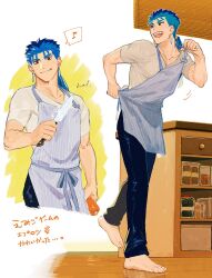 Rule 34 | 1boy, apron, barefoot, black pants, carrot, cu chulainn (fate), dressing, earrings, fate (series), food, full body, hal (haaaalhal), highres, holding, holding food, holding knife, holding vegetable, jewelry, kitchen, knife, licking lips, long hair, looking back, male focus, multiple views, musical note, pants, ponytail, shirt, short sleeves, signature, solo, sparkle, spoken musical note, stepping, striped apron, striped clothes, teeth, tongue, tongue out, translation request, upper teeth only, vegetable, vertical-striped apron, vertical-striped clothes, white shirt, wooden floor