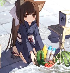 Rule 34 | 1girl, animal ear fluff, animal ears, basket, black footwear, blue kimono, bow, brown eyes, brown hair, closed mouth, commentary request, corn, cucumber, day, food, fruit, geta, hair bow, highres, holding, holding basket, japanese clothes, kimono, long sleeves, obi, original, outdoors, ponytail, sash, solo, tomato, water, watermelon, white bow, wide sleeves, yuuhagi (amaretto-no-natsu)