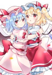 Rule 34 | 2girls, blonde hair, blue hair, closed mouth, commentary request, flandre scarlet, hat, highres, hug, looking at viewer, mob cap, multiple girls, nagisa shizuku, open mouth, petals, pink headwear, puffy short sleeves, puffy sleeves, red eyes, remilia scarlet, short hair, short sleeves, siblings, side ponytail, simple background, sisters, touhou, white background, white headwear, wrist cuffs