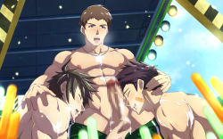Rule 34 | 3boys, abs, bandaid, bandaid on cheek, bandaid on face, blurry, brown hair, caressing testicles, ceiling, character request, copyright request, cum, cum on body, cum on self, depth of field, erection, closed eyes, facial, from below, idol master, male focus, multiple boys, muscular, nipples, pectorals, penis, public indecency, topless male, smile, stage, testicle grab, testicles, undressing, vudanshy, yaoi