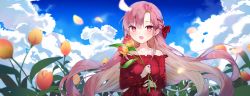 Rule 34 | 1girl, :d, absurdres, blue sky, blush, bow, braid, breasts, cheli (kso1564), cloud, cloudy sky, copyright request, day, dress, flower, frilled dress, frills, hair between eyes, hair bow, highres, holding, holding flower, long hair, long sleeves, looking at viewer, nail polish, off-shoulder dress, off shoulder, official art, open mouth, outdoors, parted bangs, petals, pink hair, pink nails, red bow, red dress, sky, small breasts, smile, solo, teeth, upper teeth only, very long hair, yellow flower