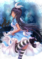 Rule 34 | 1girl, alice in wonderland, bad id, bad pixiv id, black hair, breasts, card, checkered background, dark-skinned female, dark skin, long hair, original, playing card, ponytail korosuke, rabbit, silhouette, solo, striped clothes, striped thighhighs, thighhighs