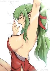 Rule 34 | 1girl, armpits, arms up, bare shoulders, blush, breasts, dress, fire emblem, fire emblem awakening, fire emblem heroes, from side, green eyes, green hair, highres, large breasts, long hair, nintendo, open mouth, pointy ears, ponytail, profile, red dress, sideboob, simple background, sleepy, solo, strapless, strapless dress, tiki (adult) (fire emblem), tiki (fire emblem), vialnite, waking up, yawning
