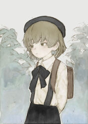Rule 34 | 1girl, arms behind back, backpack, bag, beret, black hat, black ribbon, black skirt, briefcase, brown eyes, brown hair, closed mouth, collared shirt, colored inner hair, commentary request, cowboy shot, expressionless, foliage, grey hair, half-closed eyes, hat, hatoba tsugu, highres, jippu (45fun), long sleeves, looking ahead, mole, mole under eye, multicolored hair, neck ribbon, pleated skirt, ribbon, school briefcase, shirt, shoulder strap, skirt, solo, standing, suspender skirt, suspenders, tsugu (vtuber), virtual youtuber, white background, white shirt