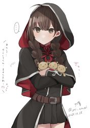 Rule 34 | 1girl, absurdres, artist logo, belt, black capelet, black dress, braid, breasts, brown belt, brown hair, capelet, commentary request, contrapposto, cowboy shot, dated, dress, highres, hood, hood up, hooded capelet, kantai collection, large breasts, long hair, looking to the side, pleated dress, red ribbon, ribbon, shinshuu maru (kancolle), simple background, solo, stuffed animal, stuffed toy, teddy bear, toriniku senshi chikinman, translation request, twin braids, white background