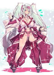 1girl 39 aqua_hair bare_shoulders blue_eyes blush breasts bursting_breasts detached_sleeves gluteal_fold hair_between_eyes hatsune_miku highres huge_breasts japanese_clothes long_hair looking_at_viewer navel necktie nontraditional_miko red_skirt satoyasu single_thighhigh skin_tight skirt smile solo thighhighs twintails very_long_hair virtualcity-ex vocaloid wide_sleeves worldwide_miku