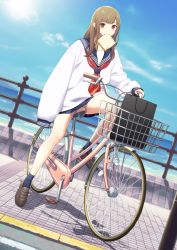 Rule 34 | 1girl, aida takanobu, bag, bicycle, black socks, blue sky, bread slice, brown eyes, brown hair, butter, day, food, food in mouth, highres, loafers, long hair, looking at viewer, mouth hold, original, outdoors, school uniform, serafuku, shoes, skirt, sky, sleeves past wrists, socks, solo, toast, toast in mouth