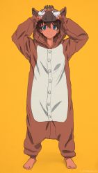 Rule 34 | 1girl, akagi (fmttps), animal costume, arms up, artist name, barefoot, blue eyes, brown hair, chinese zodiac, closed mouth, commentary, dark-skinned female, dark skin, full body, girls und panzer, hands on own head, highres, looking at viewer, orange background, pajamas, pig costume, short hair, simple background, smile, solo, standing, suzuki (girls und panzer), twitter username, year of the pig