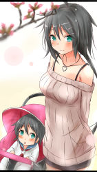 Rule 34 | 10s, 2girls, absurdres, aqua eyes, arms behind back, bare shoulders, black hair, blush, bra strap, carriage, cherry blossoms, hair ornament, hairclip, heart, heart necklace, highres, if they mated, jewelry, kako (kancolle), kantai collection, letterboxed, long hair, looking at viewer, miniskirt, mother and daughter, multiple girls, neckerchief, necklace, off shoulder, saku (kudrove), short hair, skirt, smile, sweater, aged down