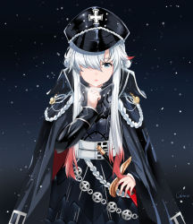 Rule 34 | 1girl, armor, armored skirt, artist name, azur lane, black coat, blue eyes, breastplate, coat, coat on shoulders, cross, hair over one eye, hat, highres, iron cross, long hair, military hat, multicolored hair, odin (azur lane), open clothes, open coat, peaked cap, qing wu, red hair, sheath, sheathed, solo, two-tone hair, white hair