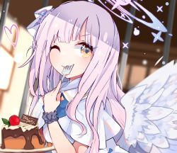 Rule 34 | 1girl, absurdres, angel, angel wings, blue archive, cake, dress, eating, food, fork, green eyes, hair ornament, halo, heart, highres, hstk mega, indoors, long hair, looking at viewer, mika (blue archive), one eye closed, pink hair, prison cell, sailor collar, sailor dress, solo, white dress, wings