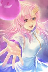 1girl blue_eyes breasts detached_sleeves dress gundam gundam_seed hair_ornament haro highres lacus_clyne long_hair looking_at_viewer open_mouth pink_hair simple_background smile solo takeda_yuuko upper_body