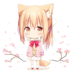 Rule 34 | 1girl, absurdres, animal ear fluff, animal ears, blush, bow, brown eyes, chibi, closed mouth, commentary request, full body, hair between eyes, hair bow, highres, jacket, light brown hair, long hair, long sleeves, miike-chan, nakkar, open clothes, open jacket, original, pink jacket, pleated skirt, red bow, red footwear, sailor collar, shadow, shirt, shoes, skirt, socks, solo, standing, tail, white background, white bow, white sailor collar, white skirt, white socks, yellow shirt