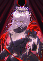 Rule 34 | 1girl, armor, artoria pendragon (all), artoria pendragon (fate), breastplate, claws, closed mouth, colored skin, crown, fate/stay night, fate (series), faulds, floating hair, full armor, gauntlets, highres, holy grail (fate), long hair, looking at viewer, pauldrons, reaching, reaching towards viewer, red theme, saber alter, shoulder armor, solo, standing, white hair, white skin, whitem (whiteemperor2020), yellow eyes