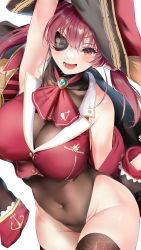 Rule 34 | 1girl, absurdres, bicorne, black coat, blush, breasts, cleavage, coat, eyepatch, hair ribbon, hat, highres, hololive, houshou marine, large breasts, leotard, long hair, looking at viewer, off shoulder, open mouth, red eyes, red hair, red ribbon, ribbon, see-through, see-through cleavage, see-through leotard, shino (comic penguin club), smile, solo, thighhighs, thighs, twintails, virtual youtuber