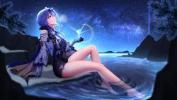 Rule 34 | 1girl, absurdres, arm support, bare legs, bare shoulders, barefoot, black gloves, black leotard, blue cape, blue hair, blue necktie, blue theme, blurry, branch, breasts, breath, brooch, cape, clothing cutout, crystal, depth of field, eula (genshin impact), feet, from side, full body, genshin impact, gloves, glowing, hair intakes, hairband, heterochromia, highres, jewelry, knee up, lake, layered sleeves, leaning back, leotard, long hair, long sleeves, looking away, looking up, mangshe jiao, mountainous horizon, nature, necktie, night, night sky, outdoors, outstretched hand, parted lips, purple eyes, ripples, rock, shoulder cutout, sky, soaking feet, solo, sparkle, star (sky), stargazing, starry sky, two-sided cape, two-sided fabric, yellow eyes