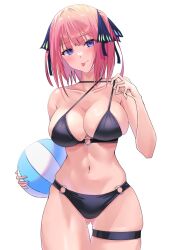 Rule 34 | 1girl, :p, ball, bare shoulders, beachball, bikini, black bikini, black ribbon, blue eyes, blunt bangs, blush, bob cut, breasts, butterfly hair ornament, cleavage, closed mouth, clothes pull, collarbone, commentary request, gluteal fold, go-toubun no hanayome, hair ornament, hair ribbon, highres, holding, holding ball, holding beachball, large breasts, looking at viewer, midriff, nakano nino, navel, o-ring, o-ring bikini, o-ring bottom, pink hair, ribbon, sidelocks, simple background, skindentation, solo, standing, stomach, string bikini, swimsuit, thigh strap, thighs, tongue, tongue out, two side up, uyufuzi s, variant set, white background