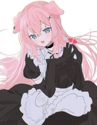 Rule 34 | 1girl, animal ears, archived source, bad id, bad twitter id, black choker, black gloves, blue eyes, blush, choker, chromatic aberration, dog ears, ear piercing, elbow gloves, eyelashes, fang, film grain, frills, gloves, grey background, hair between eyes, heart, heart print, highres, inuyayo, long hair, maid, open mouth, original, own hands together, piercing, pink hair, puffy sleeves, simple background, smile, solo