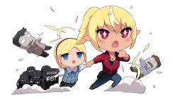 Rule 34 | + +, 2girls, bad id, bad pixiv id, ballistic shield, black headwear, black jacket, black shirt, black shorts, blonde hair, blue eyes, blue pants, blue vest, brown footwear, cait aron, character request, chibi, claire redfield, claire redfield (cosplay), collared shirt, cosplay, dust cloud, elf, fbi, goggles, hair between eyes, helmet, highres, holding hands, hololive, jacket, multicolored hair, multiple girls, pants, plaid, plaid vest, pointy ears, ponytail, puffy short sleeves, puffy sleeves, red eyes, red jacket, resident evil, resident evil 2, resident evil 2 (remake), riot shield, sherry birkin, shield, shiranui flare, shirt, shoes, short sleeves, shorts, simple background, streaked hair, vest, virtual youtuber, white background, white shirt, zombie