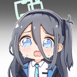 Rule 34 | 1girl, absurdly long hair, aris (blue archive), black hair, blue archive, blue eyes, collared shirt, commentary request, crying, crying with eyes open, gradient background, hair between eyes, hairband, halo, long hair, looking at viewer, morita (mofuball319), necktie, school uniform, shirt, side ponytail, sidelocks, simple background, solo, tears, very long hair, wavy mouth