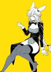 Rule 34 | 1girl, ?, arknights, black bow, black bowtie, black footwear, black jacket, bow, bowtie, braid, braided ponytail, breasts, cleavage, closed eyes, collar, detached collar, fishnet thighhighs, fishnets, foot out of frame, groin, hand up, high heels, highleg, highleg leotard, highres, invisible chair, jacket, kroos (arknights), kroos the keen glint (arknights), leotard, long hair, medium breasts, muted color, official alternate costume, playboy bunny, sitting, solo, thighhighs, thighs, very long hair, white collar, yukataro