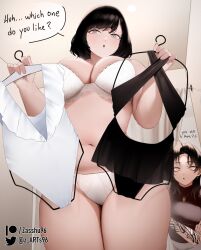 Rule 34 | 2girls, ahoge, black hair, black one-piece swimsuit, bra, breasts, cleavage, commentary, criss-cross halter, curvy, english commentary, english text, fitting room, frilled one-piece swimsuit, frills, from above, grey eyes, halterneck, highres, lace, lace-trimmed bra, lace-trimmed panties, lace trim, large breasts, medium breasts, multiple girls, one-piece swimsuit, original, panties, plump, short hair, swimsuit, take your pick, underwear, white bra, white one-piece swimsuit, white panties, yellow eyes, zasshu