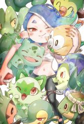 Rule 34 | 1girl, ;), black pants, blue hair, bright pupils, bulbasaur, cephalopod eyes, chespin, chest sarashi, chikorita, closed mouth, collarbone, colored skin, company connection, creatures (company), crossover, earrings, eyes visible through hair, game freak, gen 1 pokemon, gen 2 pokemon, gen 3 pokemon, gen 4 pokemon, gen 5 pokemon, gen 6 pokemon, gen 7 pokemon, gen 8 pokemon, gradient hair, gradient skin, green hair, groin, grookey, hachimaki, hand up, headband, highres, holding, holding poke ball, horizontal pupils, jewelry, long hair, looking at viewer, multicolored hair, multicolored skin, multiple earrings, navel, nejiri hachimaki, nintendo, octoling, one eye closed, pants, plum0o0, poke ball, poke ball (basic), pokemon, pokemon (creature), red eyes, red skin, rowlet, sarashi, shiver (splatoon), simple background, smile, snivy, splatoon (series), splatoon 3, sprigatito, suction cups, tentacle hair, treecko, turtwig, two-tone hair, two-tone skin, unworn headwear, white background, white pupils