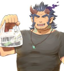 Rule 34 | 1boy, bag, bara, blue hair, brown hair, dark blue hair, demon boy, facial hair, fang, fiery horns, horns, jewelry, large pectorals, long sideburns, male focus, manly, muscular, necklace, pectorals, scar, shopping bag, sideburns, simple background, solo, stubble, takemaru (housamo), thick eyebrows, tokyo houkago summoners, upper body, yanutorie