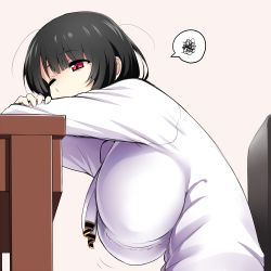 Rule 34 | 10s, 1girl, ascot, black hair, blush, breasts, chair, gradient background, hanging breasts, huge breasts, inconvenient breasts, kantai collection, mattari yufi, one eye closed, red eyes, short hair, simple background, solo, spoken squiggle, squiggle, table, takao (kancolle), white background