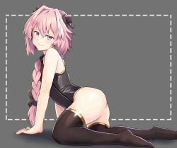 Rule 34 | 1boy, absurdres, all fours, ass, astolfo (fate), bare arms, bare shoulders, black bow, black ribbon, black shirt, bow, braid, brown thighhighs, closed mouth, commentary, fang, fate/apocrypha, fate (series), from side, full body, grey background, hair between eyes, hair bow, hair intakes, hair over shoulder, hair ribbon, half-closed eyes, head tilt, highres, jtleeklm, long hair, looking at viewer, looking to the side, male focus, multicolored hair, pink eyes, pink hair, ribbon, shirt, signature, simple background, single braid, skin fang, sleeveless, sleeveless shirt, smile, smug, solo, streaked hair, thighhighs, trap, white hair