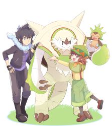 Rule 34 | 1boy, 1girl, alain (pokemon), black hair, blue scarf, boots, brown hair, capelet, capri pants, chesnaught, chespin, closed mouth, commentary request, creatures (company), fingerless gloves, game freak, gen 6 pokemon, gloves, grass, green capelet, green headwear, green pants, hat, highres, jacket, leg up, mairin (pokemon), mei (maysroom), nintendo, open clothes, open jacket, pants, pokemon, pokemon (anime), pokemon (creature), pokemon xy (anime), protected link, purple shirt, scarf, shirt, shoes, short hair, smile, standing, suspenders, yellow shirt