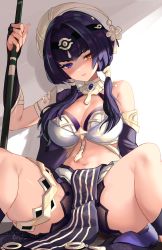 Rule 34 | 1girl, absurdres, bare shoulders, blue eyes, blue hair, breasts, candace (genshin impact), cleavage, detached sleeves, egyptian clothes, genshin impact, hair ornament, heterochromia, highres, jewelry, large breasts, looking at viewer, navel, rikihana momo, short hair with long locks, sidelocks, sitting, solo, thigh strap, thighs, yellow eyes