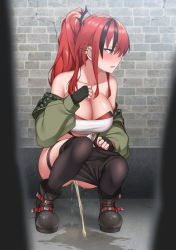 Rule 34 | 1girl, alley, blush, breasts, clothes pull, highres, lain paterson, large breasts, looking to the side, maanii, multicolored hair, nijisanji, outdoors, pants, pants pull, peeing, ponytail, puddle, red hair, solo, squatting, streaked hair, virtual youtuber
