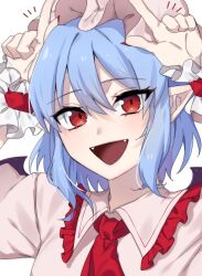 Rule 34 | 1girl, ascot, bat wings, blue hair, collar, collared shirt, commentary, emphasis lines, eringi (rmrafrn), fangs, frilled collar, frilled headwear, frilled wrist cuffs, frills, hair between eyes, hands up, highres, horns pose, medium hair, open mouth, pointy ears, portrait, red ascot, red eyes, red nails, remilia scarlet, shirt, smile, solo, touhou, triangle mouth, white background, white headwear, white shirt, wings, wrist cuffs