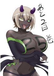 Rule 34 | arms under breasts, atago (sousei no onmyouji), bare shoulders, black sclera, black skin, blonde hair, body writing, breast lift, breasts, cleavage, colored sclera, colored skin, dark-skinned female, dark skin, fang, green eyes, heterochromia, horns, huge breasts, long sleeves, mismatched sclera, navel, open mouth, panties, raru (bnnon42), short hair, sousei no onmyouji, tongue, tongue out, underwear, very dark skin, writing on breasts, yellow eyes