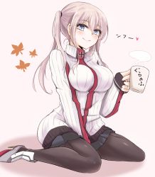 Rule 34 | 10s, 1girl, ayunosu, blonde hair, blue eyes, blush, breasts, cross, cup, eyebrows, full body, graf zeppelin (kancolle), iron cross, kantai collection, looking at viewer, pantyhose, sitting, smile, solo, sweater, twintails