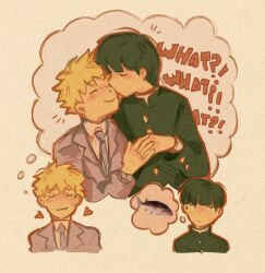 Rule 34 | 2boys, black hair, blazer, blonde hair, blush, closed eyes, closed mouth, commentary, english commentary, english text, fish, gakuran, hanazawa teruki, heart, holding hands, imagining, jacket, kageyama shigeo, kiss, kissing cheek, long sleeves, looking to the side, male focus, mob psycho 100, mp100days, multiple boys, necktie, school uniform, short hair, simple background, thought bubble, upper body, yaoi
