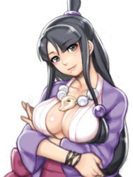 Rule 34 | 1girl, mia fey, maya fey, bad id, bad pixiv id, black hair, breasts, cleavage, crossed arms, folks (nabokof), ace attorney, half updo, japanese clothes, jewelry, kimono, large breasts, long hair, magatama, mole, mole under mouth, necklace, smile, solo, white background