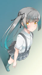 Rule 34 | 1girl, black legwear, black ribbon, brown eyes, comah, from above, gradient background, hair ribbon, highres, kantai collection, kasumi (kancolle), long hair, looking at viewer, looking up, ribbon, school uniform, shadow, shirt, shoes, short sleeves, side ponytail, silver hair, skirt, solo, standing, suspenders, white shirt
