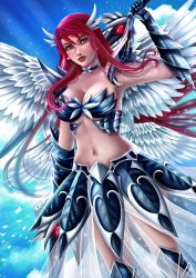 Rule 34 | 1girl, breasts, cleavage, erza scarlet, fairy tail, highres, large breasts, long hair, navel, red hair, revealing clothes