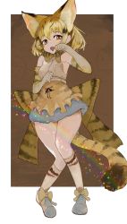 Rule 34 | 1girl, absurdres, animal ear fluff, animal ears, back bow, bare shoulders, blonde hair, bow, bowtie, brown hair, cat ears, cat girl, cat tail, dnsdltkfkd, elbow gloves, extra ears, fangs, footwear bow, frilled skirt, frills, full body, gloves, high-waist skirt, highres, kemono friends, multicolored hair, open mouth, paw pose, pleated skirt, print bow, print bowtie, print gloves, print neckwear, print skirt, print socks, sand cat (kemono friends), shirt, shoes, short hair, skirt, sleeveless, socks, solo, tail, tongue, tongue out, white footwear, white shirt, yellow bow, yellow eyes