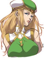Rule 34 | 1girl, bare shoulders, blonde hair, blue eyes, breasts, closed mouth, freya (valkyrie profile), green hat, hat, highres, large breasts, lipstick, long hair, looking at viewer, makeup, shirako (kirupi), simple background, solo, valkyrie profile (series), white background