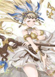 Rule 34 | 1girl, armlet, banamons, blonde hair, bracer, breasts, circlet, cleavage, feathers, granblue fantasy, headdress, highres, long hair, petra (granblue fantasy), solo, staff