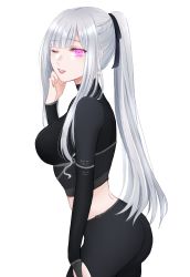 Rule 34 | 1girl, ak-12 (girls&#039; frontline), artificial eye, bad id, bad pixiv id, black pants, black ribbon, black sweater, breasts, commentary request, from side, girls&#039; frontline, hand on own cheek, hand on own face, high ponytail, highres, large breasts, long hair, midriff, one eye closed, pants, parted lips, pink eyes, ribbon, sidelocks, silver hair, standing, sui (camellia), sweater, yoga pants