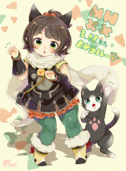 Rule 34 | 1girl, :o, absurdres, animal ears, animal hands, aqua eyes, arm warmers, bag, bell, bloomers, blush, boots, brown hair, cat ears, cat tail, fake animal ears, fangs, felyne, fur-trimmed boots, fur trim, green eyes, green pantyhose, hair bobbles, hair ornament, highres, looking at viewer, milsee, miyano ururu, monster hunter (series), pantyhose, pantyhose under shorts, paw pose, paw print, petite, pointy ears, ponytail, scarf, short hair, short sleeves, shorts, signature, tail, underwear