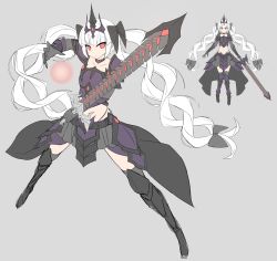 Rule 34 | 1girl, armor, bad id, bad pixiv id, black bow, black gloves, black legwear, bow, flat color, gloves, greaves, grey background, highres, holding, holding sword, holding weapon, long hair, multiple views, original, pauldrons, pigat, red eyes, shoulder armor, simple background, standing, sword, twintails, vambraces, weapon, white hair
