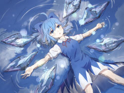 Rule 34 | 1girl, absurdres, beckody, blue bow, blue dress, blue hair, bow, cirno, commentary request, detached wings, dress, hair bow, highres, ice, ice wings, lying, neck ribbon, on back, open mouth, puffy short sleeves, puffy sleeves, red ribbon, reflection, reflective water, ribbon, ripples, short sleeves, snowflakes, solo, touhou, water, wings