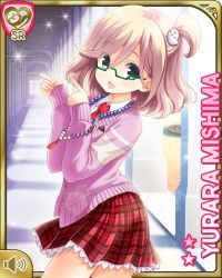 Rule 34 | 1girl, beads, blonde hair, cardigan, girlfriend (kari), glasses, grey eyes, hallway, holding, indoors, jewelry, looking at viewer, mishima yurara, necklace, neckwear request, official art, open mouth, pink sweater, plaid, plaid skirt, pointing, pointing to the side, qp:flapper, red skirt, short hair, side ponytail, skirt, smile, solo, standing, sweater, tagme
