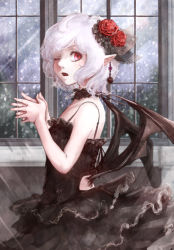 Rule 34 | 1girl, alternate costume, bare arms, bare shoulders, bat wings, black dress, breasts, choker, dress, fang, flower, frilled dress, frills, gothic lolita, hair flower, hair ornament, highres, hoshibuchi, lolita fashion, looking at viewer, low wings, one eye closed, open mouth, own hands together, pointy ears, red eyes, remilia scarlet, ribbon choker, sleeveless, sleeveless dress, small breasts, solo, touhou, white hair, window, wings