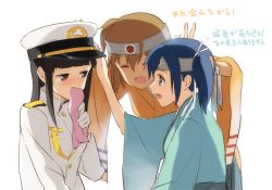Rule 34 | 10s, 3girls, bad id, bad pixiv id, black eyes, black hair, blue eyes, blue hair, brown hair, closed eyes, fang, female admiral (kancolle), gloves, hachimaki, hair ribbon, hand on another&#039;s head, handkerchief, hat, headband, hiryuu (kancolle), japanese clothes, kantai collection, kisetsu, military, military uniform, multiple girls, naval uniform, open mouth, remodel (kantai collection), ribbon, side ponytail, souryuu (kancolle), tears, translation request, twintails, uniform, wide sleeves